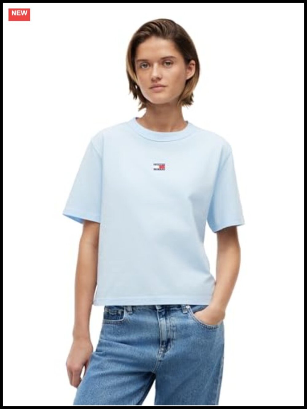 Womens Cotton Graphic T-Shirt Embroidered Flag Logo Boxy Fit Crew Neck